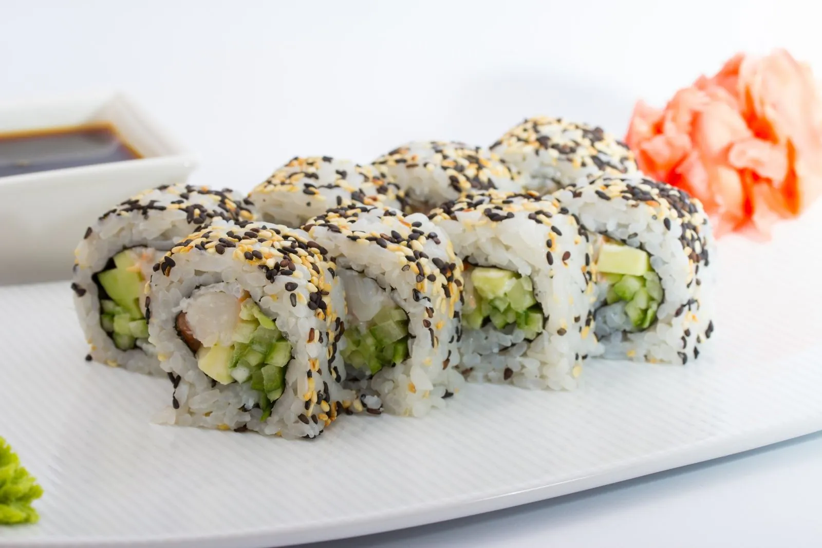 Sushi roll with shrimp, avocado and cucumber topped with sesame seeds at Umiya Sushi, a Japanese Restaurant in Lubbock
