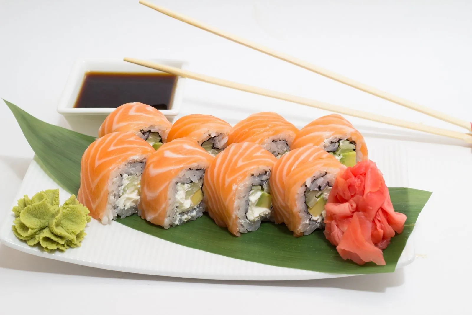 Sushi roll with salmon, cream cheese and avocado served with wasabi at Umiya Sushi, a Japanese Restaurant in Lubbock
